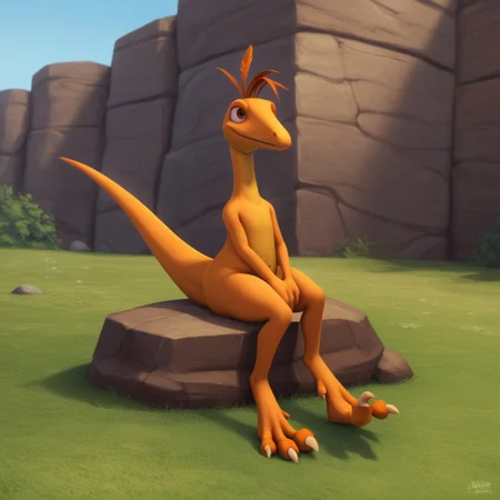 score_9, score_8_up, score_7_up, score_6_up, score_5_up, score_4_up, source_furry, dtmrconductorv2, semi-anthro, male, Troodon, orange skin, brown eyes, dinosaur, feather hair, sitting, outside, arms between legs,