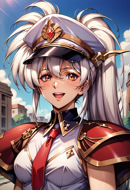 (score_9,score_8_up,score_7_up,source_anime,(masterpiece:1.2),best quality,very aesthetic,public indecency,absurdres),masterpiece,best quality,very aesthetic,fantasy,absurdres,1girl,solo, ,Luna,white hair, ponytail, , very long hair lora:Fixhands_anime_bdsqlsz_V1:1>, blue jacket, black pants, red necktie, short necktie, peaked cap, emblem, military uniform, black gloves, half gloves, yellow shirt, double-breasted , open mouth, blush,light smile looking at viewer,(upper body, close-up,:1.3), outdoors,, masterpiece,best quality, very aesthetic, absurdres, ultra detailed, high resolution, 4k, extremely detailed CG,