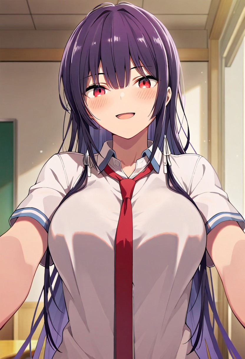 masterpiece,best quality,amazing quality, takamine takane, long hair, purple hair, red eyes, 1girl, solo, blush, school uniform, looking at viewer, necktie, smile, indoors, open mouth, shirt, red necktie, short sleeves, upper body
