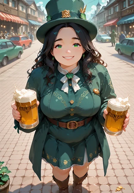 IllusP0s, PonyScores7, source_anime, ah1, IllustriousQual, interesting, exciting, spectacular, wonderful, amazing quality, absolutely eye-catching, 
BREAK <lora:xl_more_art-full_v1:0.2>, <lora:aesthetic_anime_v1s:0.2>, <lora:EpicF4nta5yXL:0.2>, <lora:detailxl:0.2>, detailxl, <lora:Fant5yP0ny:0.2>, amazing quality, best aesthetic, absurdres, illustration, Volumetric_Lighting, ultra-detailed, very aesthetic, intricate details, best_quality, <lora:Add_Details_v1.2:0.4>, <lora:quality_modifiers_masterpieces_v1:0.2>, <lora:ZootPonyAnime_V1_r2:0.2>, <lora:Bestifacator2:0.2>,
BREAK ((A field of shimmering, gold energy surrounded him, granting him superhuman strength, allowing him to effortlessly lift a car)),
BREAK Stable_Yogis_PDXL_Positives, AS-Adult, <lora:Complicated fantasy portrait - XL Pony V2.0:0.2>, bad-hands-5, <lora:HDA_Detailer:0.3>, <lora:natsumi_style:0.5>, <lora:by_usakun-pony:0.4>, by usakun, <lora:Akina_Bbw_Style_-_PonyXL:0.2>, AkinBw, ((festival Boho fashion style, inspired by music festivals and free-spirited vibes, features colorful prints, flowy silhouettes, and eclectic accessories, celebrating creativity and fun)),
BREAK 1girl, mature female, (curvy), round-chin, caucasian, <lora:ETO_OC_Illustrius:0.5>, eto_oc, skindentation, (plump), thick thighs, wide hips, busty, voluptuous, <lora:venus body PonyXL:0.3>, <lora:shinyskin2:0.2>, glistening skin, HDA_FatGirlXL, round ass, large breasts, <lora:plussizegirls_IL:0.3>, <lora:plussizegirls_pony:0.3>, <lora:perfection style:0.2>, perfection style, perfection, 
BREAK ((<lora:ShamrockWorld_IXL:0.2>, shamrockworld, clover, four-leaf clover, cup, green theme, bow, holding pint of beer, jewelry, <lora:illustrious_Leprechaun:0.2>, illustrious Leprechaun, green hat, belt, brown footwear, green dress, top hat, buttons, gold coins, boots, green headwear, green coat)),
BREAK (curly hair), long hair, (black hair:1.4), (parted hair:1.7), messy hair, kinky curls, <lora:hairdetailpxl:0.2>, hairdetailpxl,
BREAK (half green and brown eyes), (colorful eyes), (multicolored eyes), (downturned eyes:1.4), expressive eyes, <lora:perfect-eyes:0.4> perfecteyes , EyesHD, (round face:1.2), (thick eyebrows:1.3), (plump face), <lora:Round_face:0.2>, lips, <lora:DetailedEyes_xl_bdsqlsz_V1:0.2>, <lora:Eyes_Lora_Pony_Perfect_eyes:0.2>, <lora:focusoneyes:0.2>, <lora:cinematic eye color style illustrious v1:0.2>,
BREAK ((happy expression, smiling at viewer)), <lora:Expressive_H:0.2>, Expressiveh, <lora:Emotional_Anime_Expressions_PonyXL_Concept:0.2>, emotional, <lora:Best_Facial_Expression_LoRA_PONY:0.2>, looking at viewer, <lora:Detailed expressive EXEV style -XL Pony V1.0:0.2>, FaceDetail, <lora:Best_Facial_Expression_Helper_XTREME_ILLU:0.4>, kaogei,
BREAK (((ireland, irish pub))), <lora:Background Detailer - SDXL:0.8>, 4k, 8k, Ultra HD, Masterpiece, Best quality, Detailed background, <lora:Add_more_details_V2_XLpony:0.2>, full_details, <lora:background-type1:0.2>,