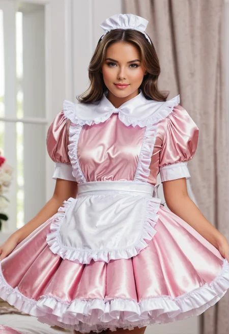 photo of beautiful adult woman, solo, shiny satin, standing, wearing dr3ss, maid outfit, large poofy voluminous skirt, apron, <lora:BSM5-39-SDXL:0.8>, full body, bedroom,
