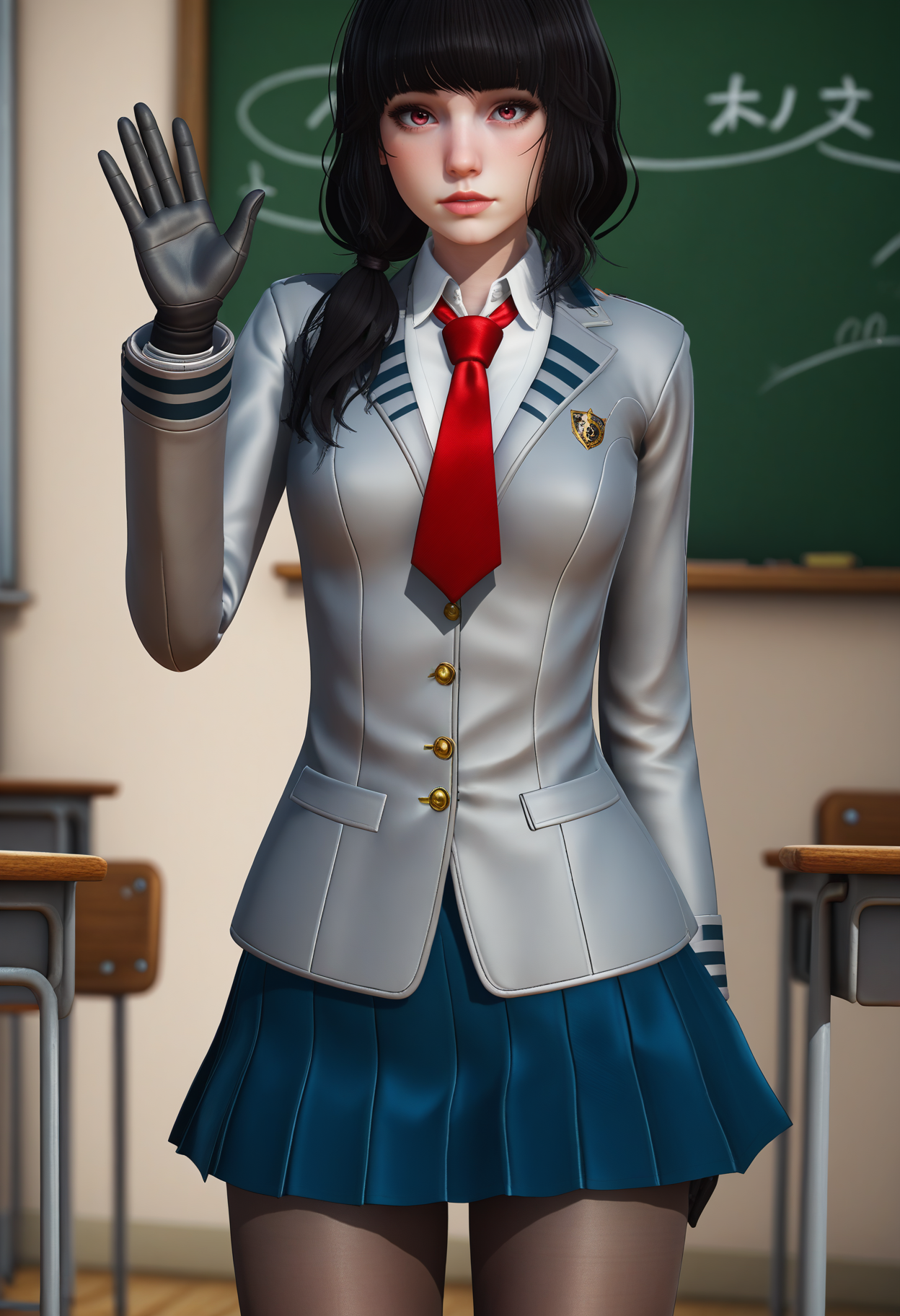 score_9, score_8_up, score_7_up,
1girl, solo, school uniform:grey jacket:blue skirt:black pantyhose, red necktie, black gloves. low twintails.
indoors, chalkboard, waving, arm behind back, contrapposto, looking at viewer, wide shot, depth of field, 
 <lora:Dark_Luna_Pony_v1.0:0.8> d4rklun4,
