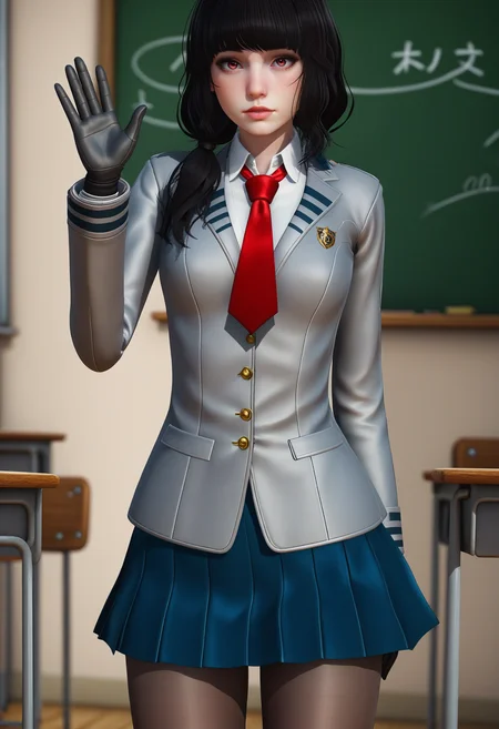 score_9, score_8_up, score_7_up,
1girl, solo, school uniform:grey jacket:blue skirt:black pantyhose, red necktie, black gloves. low twintails.
indoors, chalkboard, waving, arm behind back, contrapposto, looking at viewer, wide shot, depth of field,
<lora:Dark_Luna_Pony_v1.0:0.8> d4rklun4,