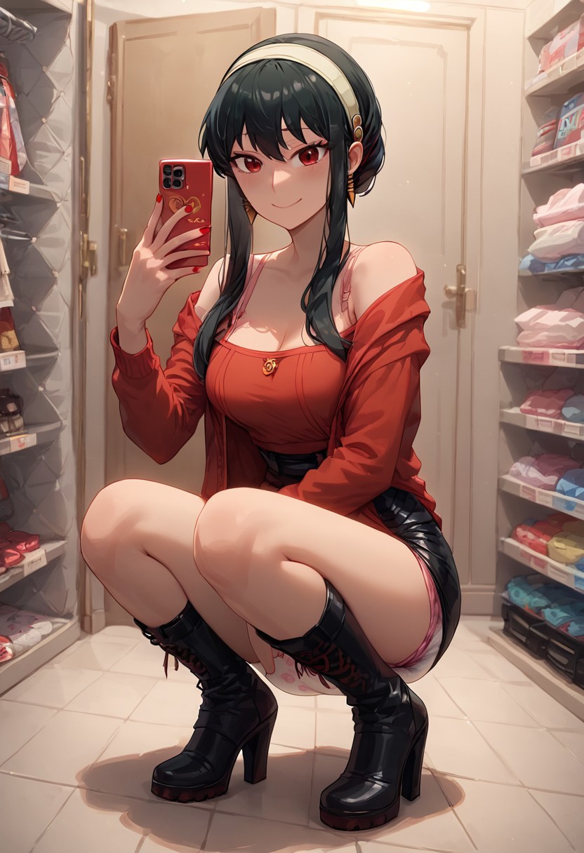 score_9, score_8_up, score_8, 
dressing room, store, indoors, detailed lighting, solo, selfie, full body, crouching, knees apart, holding cellphone, pink cellphone, red nails,
BREAK,
1girl, 21 year old girl, 
yor_briar, spy_x_family, 1girl, black_hair, red_eyes, smile, gorgeous, pointy breasts, medium breasts,
BREAK,
red crop top, off shoulder, pink bra strap, leather skirt, black boots, high heel boots,
abu bunnyhopps, diaper, 4tapes diaper, bunny print, pastel colors, front diaper,