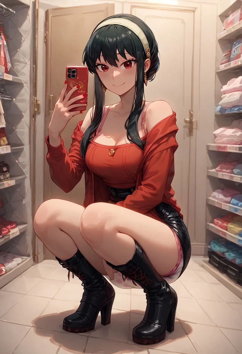 score_9, score_8_up, score_8, 
dressing room, store, indoors, detailed lighting, solo, selfie, full body, crouching, knees apart, holding cellphone, pink cellphone, red nails,
BREAK,
1girl, 21 year old girl, 
yor_briar, spy_x_family, 1girl, black_hair, red_eyes, smile, gorgeous, pointy breasts, medium breasts,
BREAK,
red crop top, off shoulder, pink bra strap, leather skirt, black boots, high heel boots,
abu bunnyhopps, diaper, 4tapes diaper, bunny print, pastel colors, front diaper,