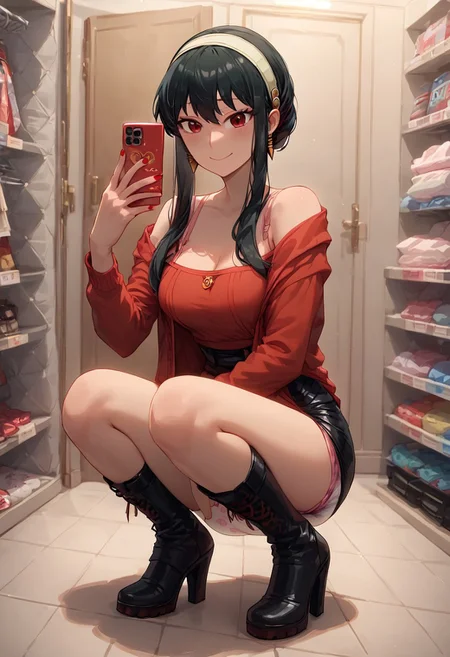 score_9, score_8_up, score_8,
dressing room, store, indoors, detailed lighting, solo, selfie, full body, crouching, knees apart, holding cellphone, pink cellphone, red nails,
BREAK,
1girl, 21 year old girl,
yor_briar, spy_x_family, 1girl, black_hair, red_eyes, smile, gorgeous, pointy breasts, medium breasts,
BREAK,
red crop top, off shoulder, pink bra strap, leather skirt, black boots, high heel boots,
abu bunnyhopps, diaper, 4tapes diaper, bunny print, pastel colors, front diaper,