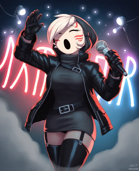 score_9, score_8_up, score_7_up, score_6_up, score_5_up, score_4_up, source_furry, fwg, shyguy, mario \(series\), breasts, clothed, clothing, female, hood, legwear, light skin, mask, not furry, solo, detailed background, eyelashes, (motion lines, emanata:1.2), concert, electronics, fog, gloves, handwear, head markings, jacket, leather, leather bottomwear, leather clothing, leather jacket, leather pants, leather topwear, legwear, lights, markings, metal, microphone, neon, open mouth, piercing, screaming, (singing:1.3), smoke, (closed eyes, eyes closed:1.3), (simple mouth, simple eyes:1.2)
<lora:shyguy_pdxl:1>