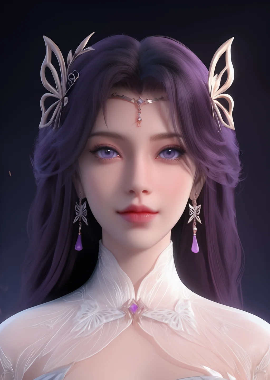 looking_at_viewer,cowboy_shot,finger_to_mouth,1girl,solo,dress,hair ornament,portiart,from front,masterpiece,(best quality),official art,extremely detailed cg 8k wallpaper,((crystalstexture skin)),(extremely delicate and beautiful),solo,realistic,photo_\(medium\),hiqcgbody,purple eyes,chinese background,<lora:äºæ¦_V2-000001:1>,eye-contact,(smile:0.6),jewelry,purple with white waistband,