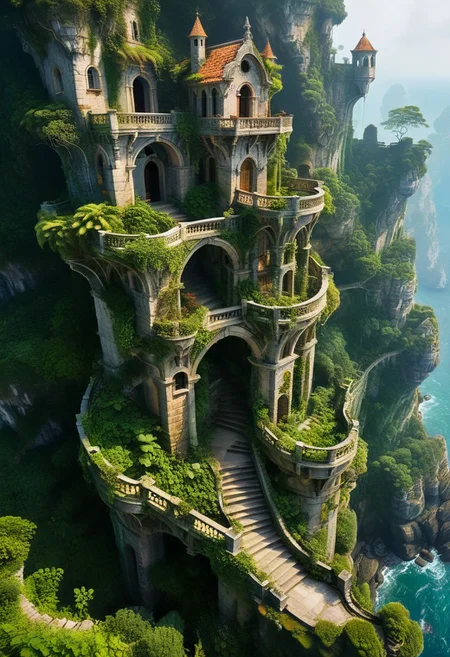 (Masterpiece),best quality,8k,hd,fantasy,a mages tower high upon a cliff,by the sea,cut stone stairs,thousands of snirkling stairs,jungle canopy,coastal,reefy,high altitude,abandoned gardens,overgrown,dense fog,mysterious,omnious,foreboding, was this place abandoned or is somebody still living here?, Architectural100