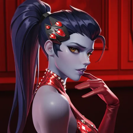 masterpiece, best quality, amazing quality, highres, absurdres, intricate detail, 3d, realistic, detailed skin, <lora:CakiiBB_style_ILLUS-000008:0.7> , widowmaker \(overwatch\), red dress, sparkling dress, elbow gloves, red gloves, portrait, from side, looking at viewer, parted lips, (bangs:1.3), sidelocks, long hair, bare shoulders, sleeveless,
