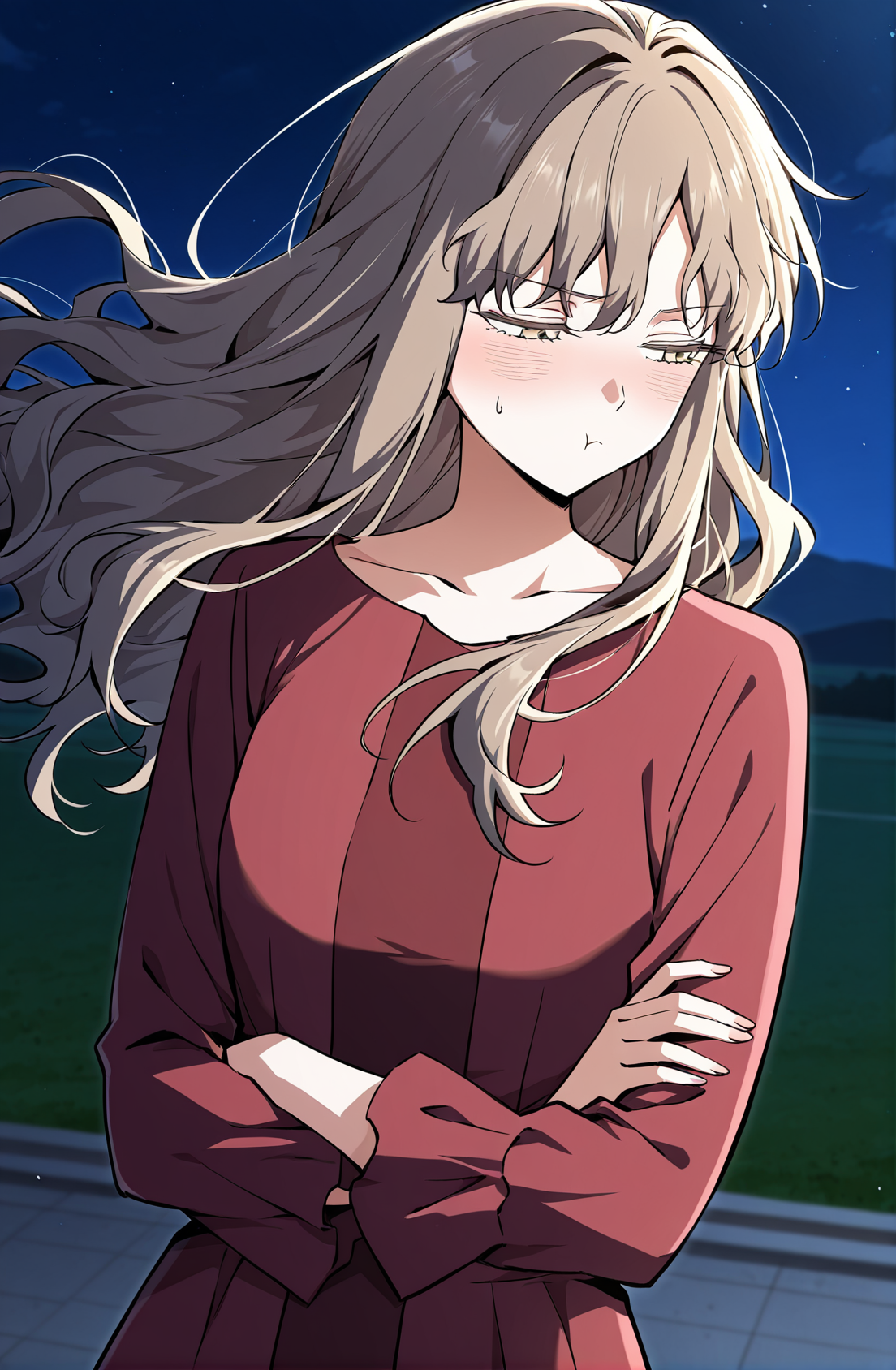 <lora:Cecilia__The_Beginning_After_the_End__Illustrious:1>
Cecilia, female, long hair, wavy hair, light brown hair, golden eyes, side bangs, 
red dress, long sleeves, floor-length dress,
score_9, score_8_up, score_7_up, very aesthetic, source_anime, detailed, high quality, beautiful, masterpiece, detailed eyes, field, blurry background, pose dynamic angle, upper body, cowboy shot, floating hair, half-closed eyes, arms crossed, looking to the side, pouting, sulking, embarrassed, night