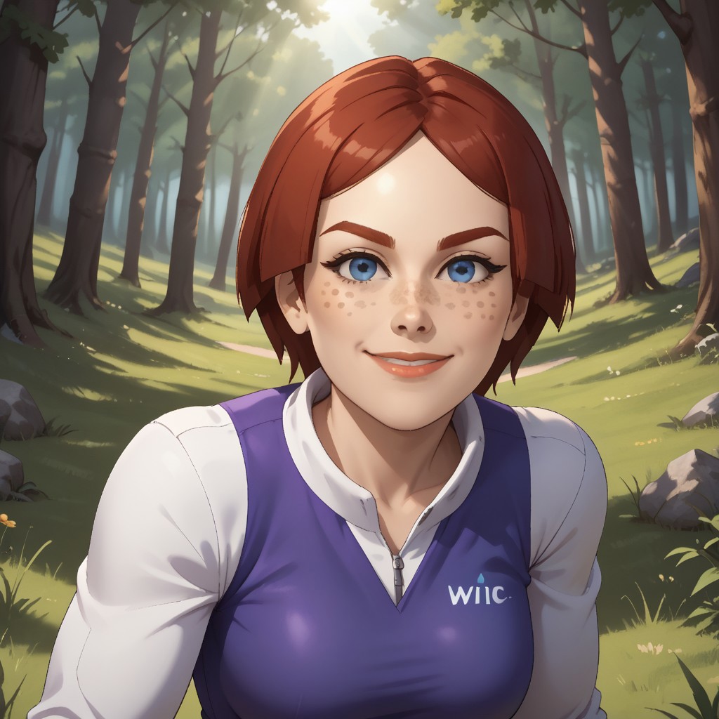 score_9, score_8, BREAK, solo, wii, mii, female mii, wii sports, 1girl, blue eyes, dark red hair, dark red eyebrows, lips, freckles, purple clothing, white pants, shoes, nintendo mii, modern_mii, classic_mii, breasts, Giovanna_(Wii_Sports), adult female, mature female, breasts, sexy pose, self portrait, smile, outdoors, sunlight, shadows, evening lighting, natural lighting, forest, trees, grass, orange sky, sunset