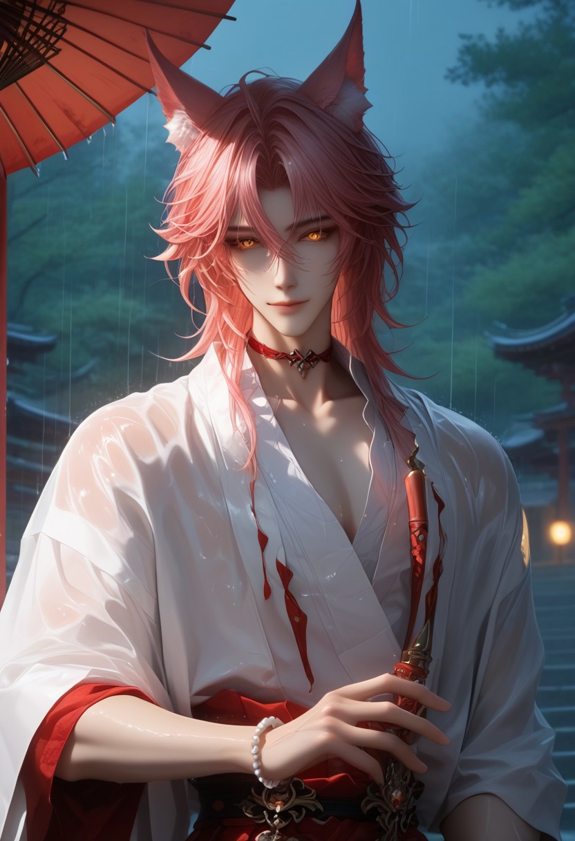 (Masterpiece:1.4), (best quality:1.2), (perfect anatomy), (perfect hands), (perfect face),1boy, solo, full body,((holding_japanese_umbrella)), jiaoqiu_(honkai_star_rail),animal_ears,fox ears, Fox tail, pink hair,medium length hair, wet hair, hair between eyes, red choker, amber eyes, glowing eyes, japanese clothes, beaded bracelet, backlit character, looking at viewer, smiling, closed mouth, thin waist, large chest, prominent pecs, wet, soaked clothing, BREAK,
shrine, japanese shrine, bamboo trees, night, nighttime, raining, heavy rain, low light, dark, paved stone path, extreme detail, detailed scenery, detailed background,
