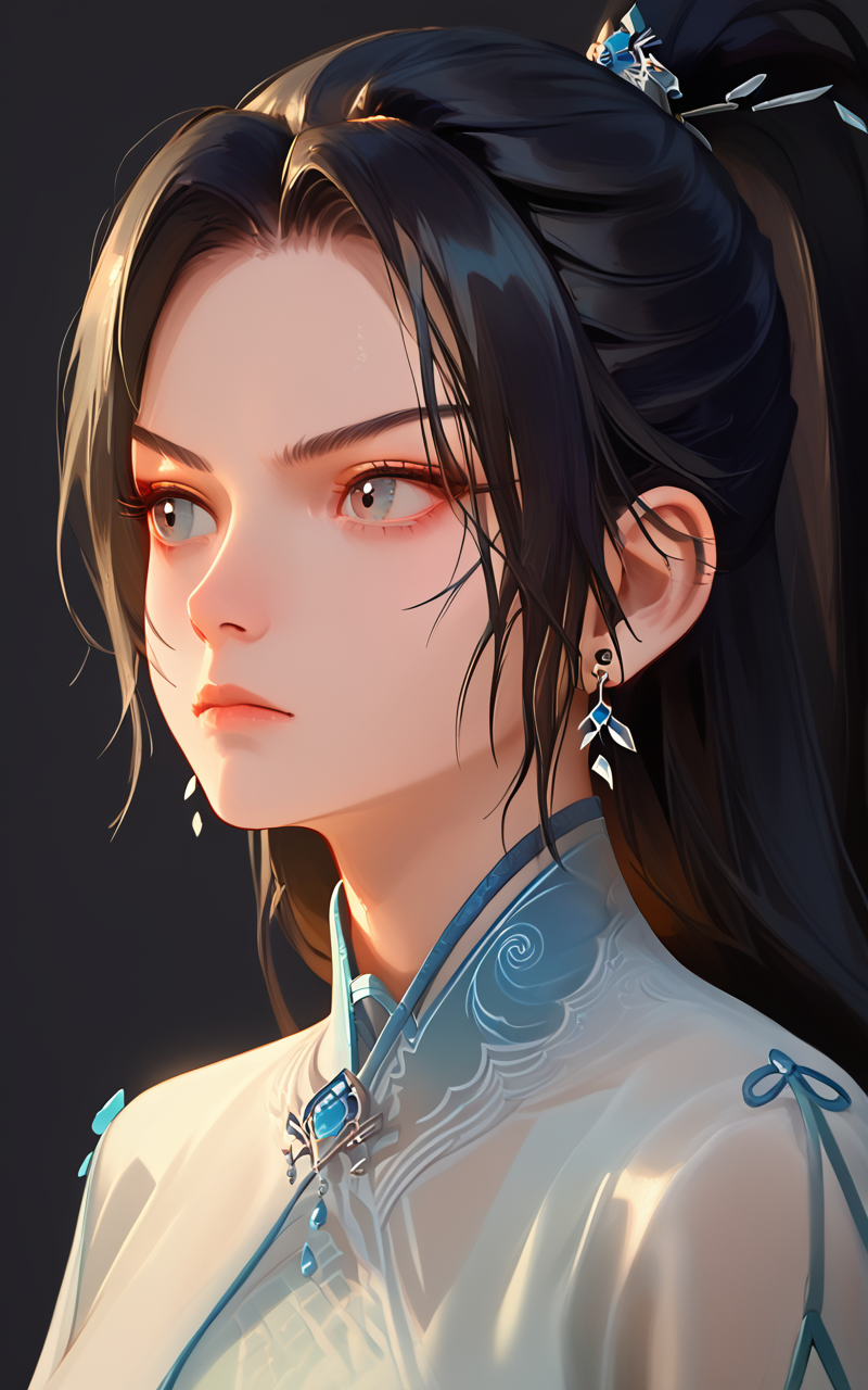 score_9,score_8_up,score_7_up,
<lora:ningyaoPony-000002:1>,
ningyao,1girl,solo,jewelry,earrings,ponytail,long hair,hair ornament,dress,black hair,simple background,upper body,chinese clothes,closed mouth,looking to the side,dark background,<lora:v6:0.8>,<lora:Aurealis_beta:0.7>,aurealis,bioluminescent,iridescent,