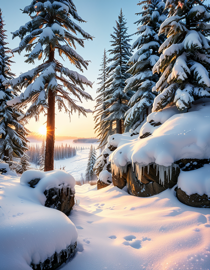 A breathtaking winter wonderland scene at dusk, with a snow-covered forest and a frozen lake reflecting the soft glow of the setting sun. Tall evergreen trees are dusted with fresh snow, their branches heavy and shimmering under the golden and pink hues of the sky. In the distance, a cozy wooden cabin with a smoking chimney emits a warm, inviting light through its frosted windows. The snow-covered ground glistens under delicate fairy lights hanging from tree branches, adding a magical atmosphere. Snowflakes gently fall from the sky, creating a serene and peaceful mood. In the foreground, a wooden bridge covered in snow crosses a small, partially frozen river, adding depth and charm to the composition. The entire scene feels enchanting and nostalgic, evoking the joy and tranquility of winter.
<lora:SDXLFaeTastic2400:0.4> <lora:extremely_detailed:0.4> extremely detailed ,<lora:winter_w0nd3rl4nd:1>,winter w0nd3rl4nd, Masterpiece,best quality,hi res,8k,hi res,8k,award winning,(sharp focus, intricate, highly detailed),