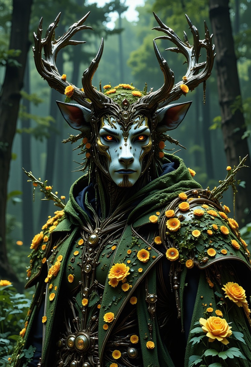 A hyper-realistic Close up shot of a figure completely made of moss and yellow flowers in white deer form, full body zoomed in, ultra sharp focus photo, 3d render, architecture, dark fantasy, vibrant (photography, high-resolution, dynamic, energetic,hyper-realistic, dramatic lighting, shallow depth of field.) Forest background.