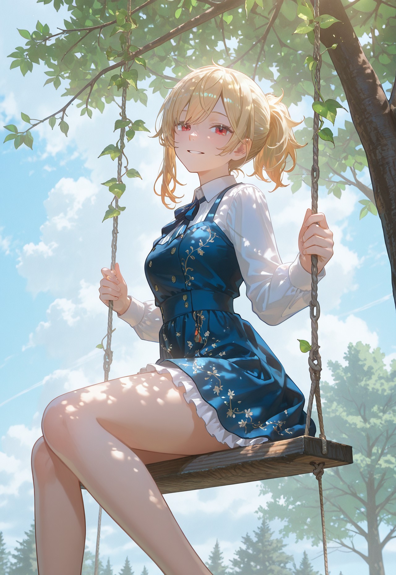 1girl, solo, lazypos, anime-style, detailed background, pastel colors, delicate, dreamy, soft shading, bright and vibrant,
cinematic lighting,volumetric lighting,ray tracing,dramatic shadows,dappled light, clouds, looking at viewer, side view,
<lora:Hololive - Kaela Kovalskia 2.0 (IL):0.5> kaela20, blonde hair, red eyes, ponytail, smile, parted lips, 
outdoors, sitting, on swing, (vine swing:1.5), tree, (tree branch:1.5), swing, swinging,
dynamic pose, foreshortening, extreme perspective,
<lora:USNR_STYLE_ILL_V1_lokr3-000024:0.5> usnr
<lora:WSSKX_WAI:0.4>
<lora:TRT(Illust)0.1v:0.65> 
<lora:Pochacco_Stars_Print_Blue_and_Pink_Sweet_Dress-10:0.35> Pochacco_Stars_Print_Blue_and_Pink_Sweet_Dress, blue dress, striped clothes, frilled dress, print dress, long sleeves, white shirt, bare legs,