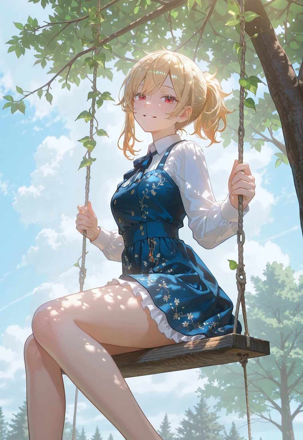 1girl, solo, lazypos, anime-style, detailed background, pastel colors, delicate, dreamy, soft shading, bright and vibrant,
cinematic lighting,volumetric lighting,ray tracing,dramatic shadows,dappled light, clouds, looking at viewer, side view,
<lora:Hololive - Kaela Kovalskia 2.0 (IL):0.5> kaela20, blonde hair, red eyes, ponytail, smile, parted lips,
outdoors, sitting, on swing, (vine swing:1.5), tree, (tree branch:1.5), swing, swinging,
dynamic pose, foreshortening, extreme perspective,
<lora:USNR_STYLE_ILL_V1_lokr3-000024:0.5> usnr
<lora:WSSKX_WAI:0.4>
<lora:TRT(Illust)0.1v:0.65>
<lora:Pochacco_Stars_Print_Blue_and_Pink_Sweet_Dress-10:0.35> Pochacco_Stars_Print_Blue_and_Pink_Sweet_Dress, blue dress, striped clothes, frilled dress, print dress, long sleeves, white shirt, bare legs,