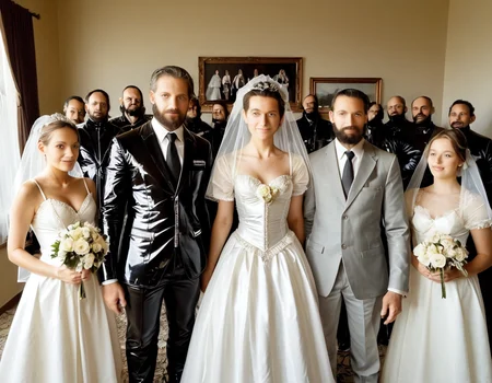 	multiple boys, artist name, latex wedding dress, lace, frills, closed mouth, beard, latex shirt, husband and wife, bow