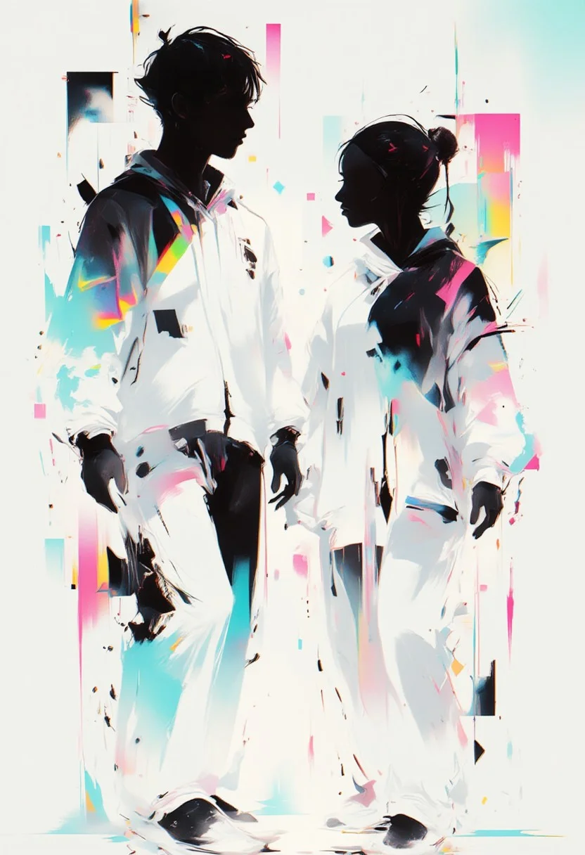 aidmaimageupgrader, male and female character framed by geometric shapes, glitchcore aesthetic, white space dominance, minimalist design, soft gradients, glowing holographic lines, fragmented glitch effects, subtle neon overlays, abstract symmetry, futuristic fashion with clean lines, muted color palette, digital distortion around edges, serene atmosphere, faded visual artifacts, worn textures, dreamlike holographic glow, delicate composition, degraded digital aesthetics, quiet focus, ethereal ambiance,pscho_4rt