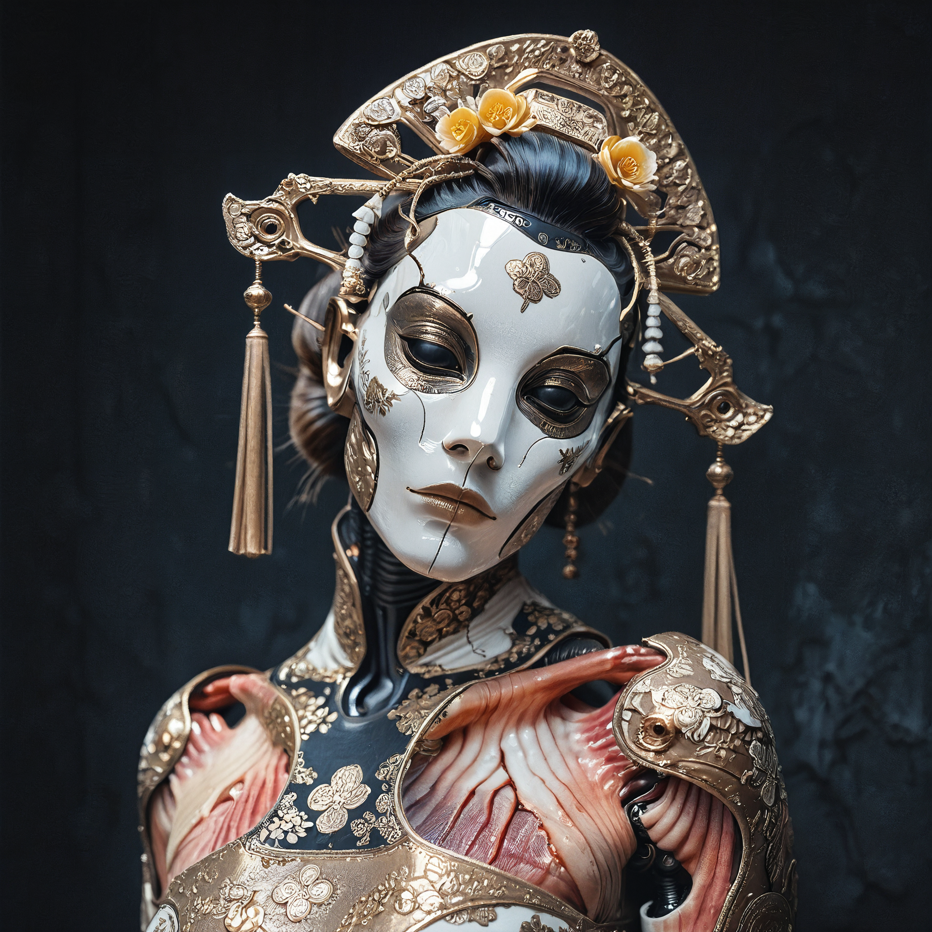 masterpiece, best quality, amazing quality, realistic,
white, android, extreme close-up, (head tilt:1.2), faceless robot mask, smooth,
dark hair bun, gold hair flower,
expressionless,
(exposed muscle:2.3),
(porcelain:2),
<lora:Faceless_mask_ILL:0.5>