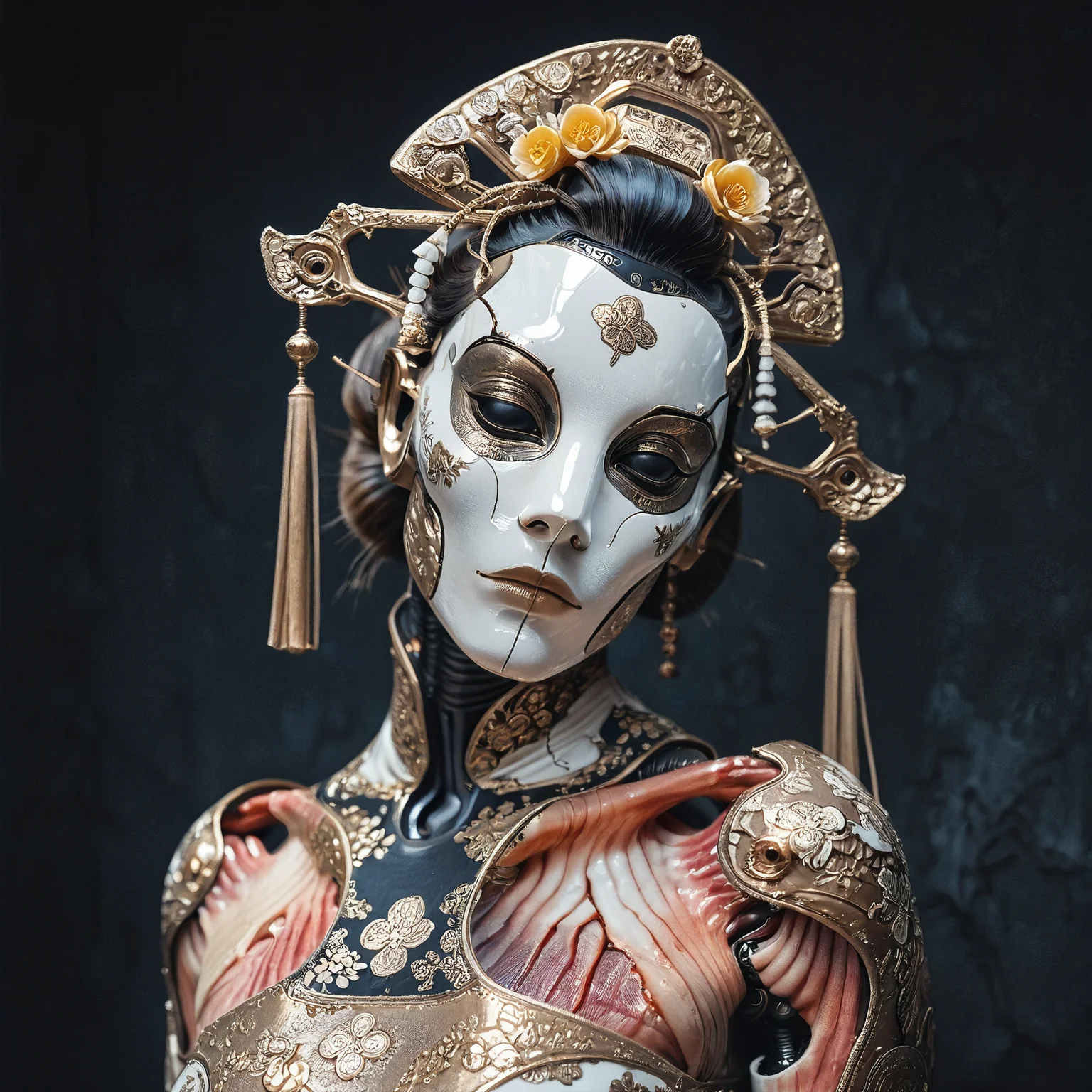 masterpiece, best quality, amazing quality, realistic,
white, android, extreme close-up, (head tilt:1.2), faceless robot mask, smooth,
dark hair bun, gold hair flower,
expressionless,
(exposed muscle:2.3),
(porcelain:2),
<lora:Faceless_mask_ILL:0.5>
