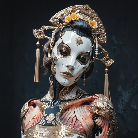 masterpiece, best quality, amazing quality, realistic,
white, android, extreme close-up, (head tilt:1.2), faceless robot mask, smooth,
dark hair bun, gold hair flower,
expressionless,
(exposed muscle:2.3),
(porcelain:2),
<lora:Faceless_mask_ILL:0.5>