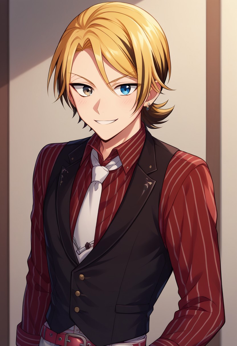 score_9, score_8_up, score_7_up, source_anime, highly detailed, 
leonard, blonde hair, male focus, vest, solo, gloves, shirt, 1boy, white belt, belt, necktie, striped, white necktie, jewelry, black gloves, earrings, pinstripe pattern, blue eyes, heterochromia, collared shirt, black vest,
multicolored hair, red shirt, vertical stripes, ear piercing, striped shirt,
long sleeves, pants, short ponytail, upper body. smile
indoor,