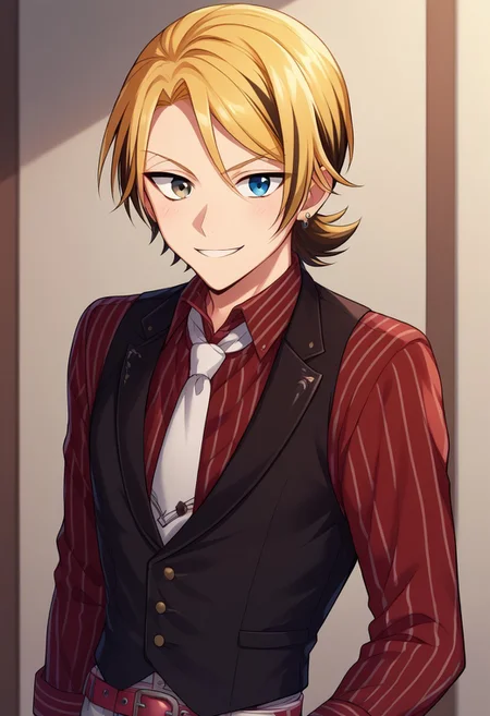 score_9, score_8_up, score_7_up, source_anime, highly detailed,
leonard, blonde hair, male focus, vest, solo, gloves, shirt, 1boy, white belt, belt, necktie, striped, white necktie, jewelry, black gloves, earrings, pinstripe pattern, blue eyes, heterochromia, collared shirt, black vest,
multicolored hair, red shirt, vertical stripes, ear piercing, striped shirt,
long sleeves, pants, short ponytail, upper body. smile
indoor,