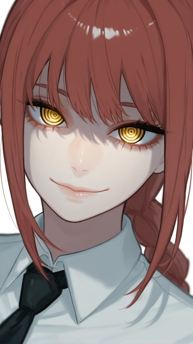 makima_\(chainsaw_man\), 1girl, solo, long_hair, looking_at_viewer, smile, bangs, simple_background, shirt, white_background, closed_mouth, yellow_eyes, white_shirt, braid, sidelocks, red_hair, necktie, collared_shirt, shaded_face, portrait, black_necktie, braided_ponytail, ringed_eyes