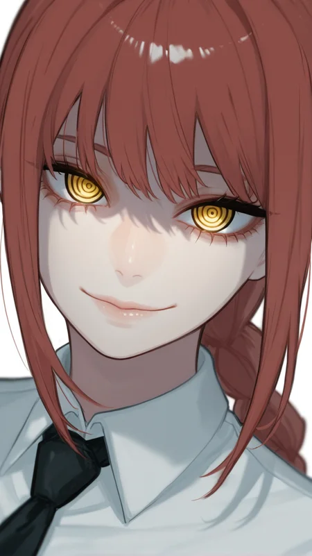 makima_\(chainsaw_man\), 1girl, solo, long_hair, looking_at_viewer, smile, bangs, simple_background, shirt, white_background, closed_mouth, yellow_eyes, white_shirt, braid, sidelocks, red_hair, necktie, collared_shirt, shaded_face, portrait, black_necktie, braided_ponytail, ringed_eyes
