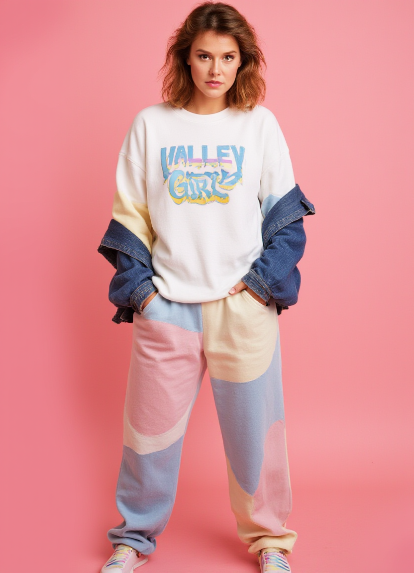 SFW, The image is a portrait of a woman posing in front of a pink background. She is wearing a white sweatshirt with the words "Valley Girl" written in blue and yellow letters across the chest. She has long baggy sweatpants in multiple colors covering her legs. The sweatshirt has a graphic design on the front and a blue denim jacket over it. She has e hair styled in loose waves and is wearing colorful striped socks. The woman is standing with her hands in her pockets and is looking directly at the camera with a serious expression., aidmaimageupgrader<lora:flux\custom\celebrity\amanda-bearse.safetensors:1.0:1.0> <lora:turbo-8-step-flux.safetensors:0.5:0.5> <lora:flux\style\Common\aidmaImageUprader-FLUX-v0.3.safetensors:0.25:0.25>