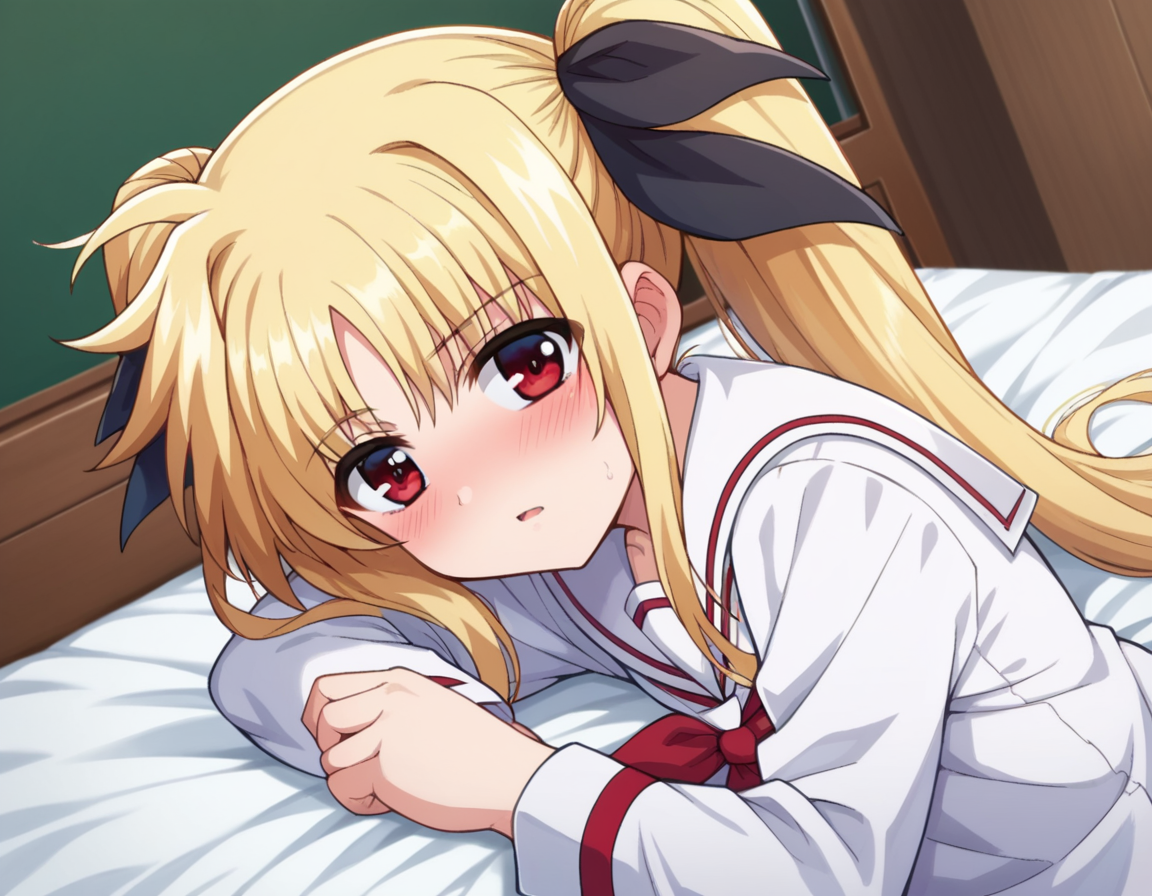 score_9, score_8_up, score_7_up, source_anime,
fatetestarossa, <lora:fate-testarossa-movie2-ponyxl-lora-nochekaiser:1>,
fate testarossa, long hair, blonde hair, red eyes, twintails, hair ribbon,
long sleeves, school uniform, serafuku, shirt, white shirt, white sailor collar,
indoors, bed, bed room, on side, blush, drunk,
looking at viewer, dutch angle, cowboy shot,
