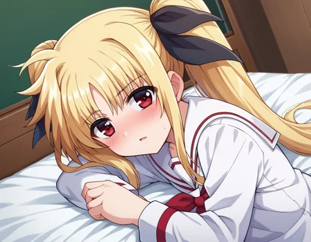 score_9, score_8_up, score_7_up, source_anime,
fatetestarossa, <lora:fate-testarossa-movie2-ponyxl-lora-nochekaiser:1>,
fate testarossa, long hair, blonde hair, red eyes, twintails, hair ribbon,
long sleeves, school uniform, serafuku, shirt, white shirt, white sailor collar,
indoors, bed, bed room, on side, blush, drunk,
looking at viewer, dutch angle, cowboy shot,