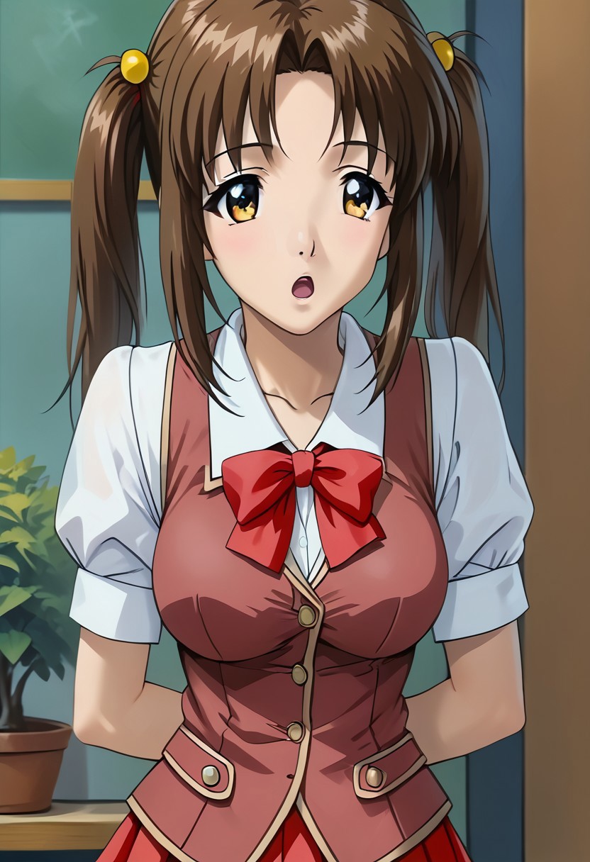 SCORE_9, SCORE_8_UP, SOURCE_ANIME, REALISTIC, HEAD FOCUS, UPPER BODY, PORTRAIT, BREAK, 1FEMALE, SOLO, YUNA WAKAO, BROWN HAIR, TWINTAILS, HAIRTIE, AMBER EYES, CURIOUS, SUPRISED, OPEN MOUTH, FINGER POINTING AT CHIN, SCHOOLGIRL VEST, SHORT SLEEVES, BOWTIE, MINI SKIRT, BENDING FORWARD, HANDS BEHIND BACK, BREAK, SUNNY DAY, GARDEN, HIGH RESOLUTION, VIVID TEXTURES
