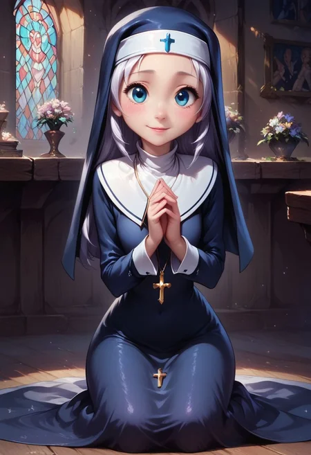 score_9, score_8_up, score_7_up, maria, nun,1girl, long hair, detailed blue eyes, cute, adorable, innocent, full body shot, detailed, pure, soft, sitting