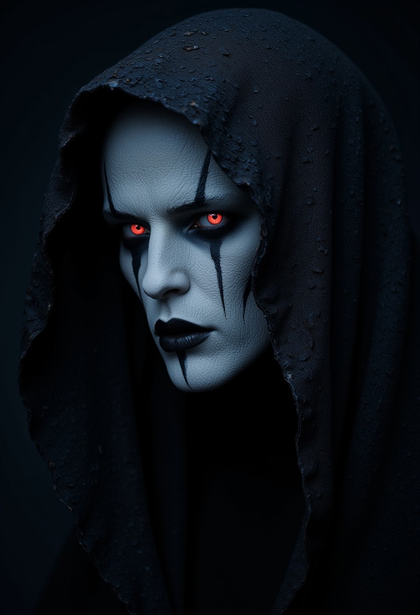 A photo of a striking and eerie character with a ghostly complexion, glowing red eyes, and a menacing, otherworldly appearance. The character is shrouded in a dark, textured hooded cloak, with worn and rough fabric. The makeup includes black lips with a single black streak extending downward from the lower lip. The lighting is low and dramatic, with a cold, bluish tone highlighting the face while the rest of the image fades into deep shadows. The atmosphere is dark, supernatural, or villainous, resembling a character from a dark fantasy or gothic horror setting.