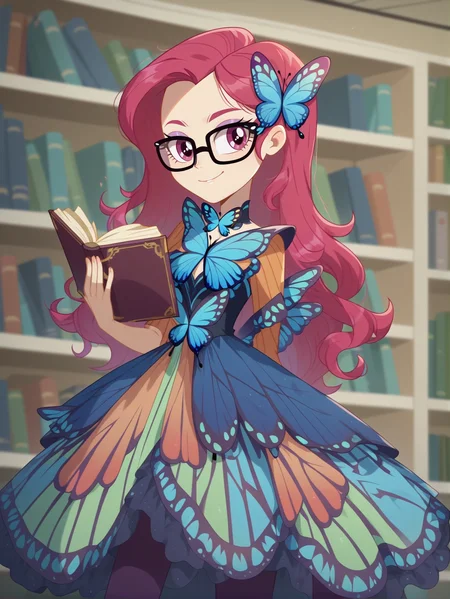 score_9, score_8_up, score_7_up, score_6_up, score_5_up, score_4_up, 
1girl wearing a (butterfly dress), <lora:butterfly_dress-PD-1.0:1>
show_accurate, my little pony: equestria girls, vector,
library, glasses, naughty face, holding book