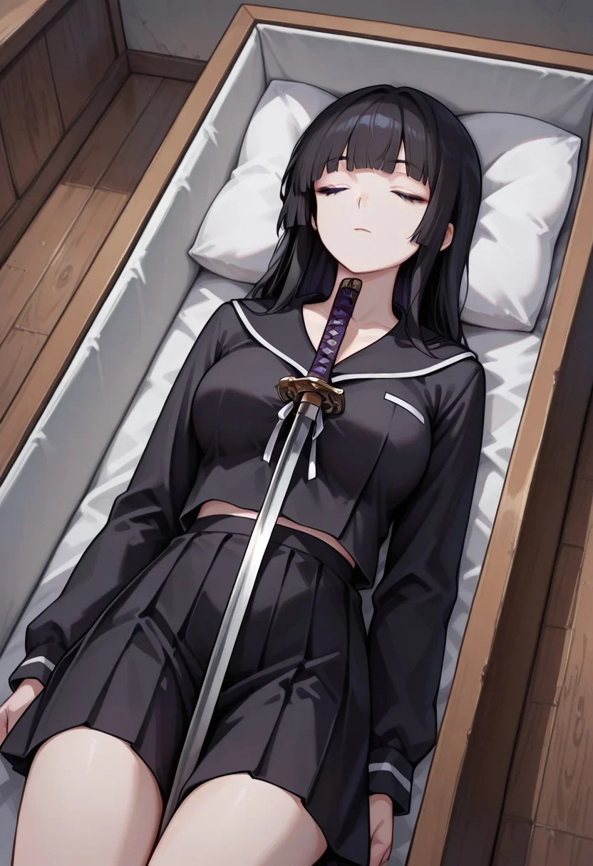 masterpiece, best quality,longcoffin,dutch_angle,1girl,lying,pillow,arms_at_sides,breasts,closed_eyes,sword between breasts,katana,
i_yomi, 1girl,long hair, black hair, hime cut, purple eyes, black serafuku, yomi school uniform, long sleeves, pleated skirt, black skirt,
