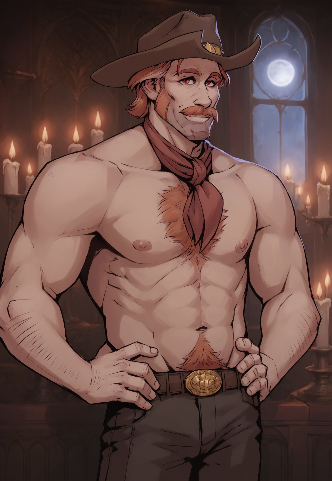 safe_pos, score_9, score_8_up, sam walls, cowboy hat, redhead, neckerchief, mustache, red eyes, facial hair, (nude), belt, upper body, smile, castle, candles, window, moon, looking at viewer, front view, hairy, chest hair, hands on hip, hairy arms,