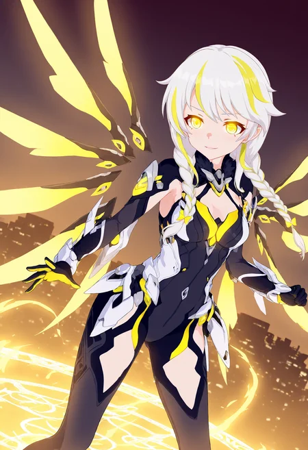 1girl,honkai impact 3rd,official art,
anja,form1,low tied twinbraids,white hair,streaked hair,yellow eyes,floating hair,plug suit,fighting stance,wings,mechanical wings,evil smile,glowing,glowing eyes,magic circle,aura,casting spell,floating in the air,night,cityscape,backlighting,wind blow,dynamic angle,depth of field,best quality,amazing quality,very aesthetic,absurdres,<lora:Anja-illu:0.8>,