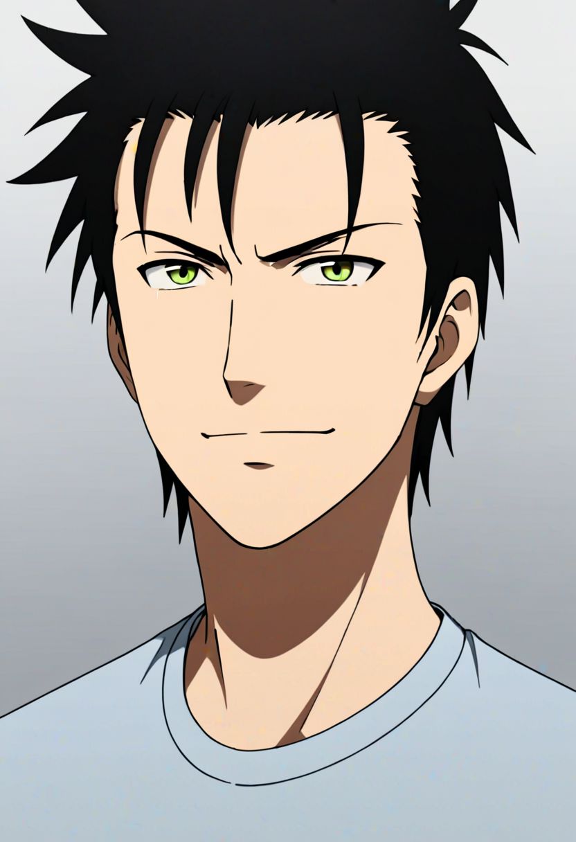 Highres, Masterpiece, High Quality, 4K, 8K, solo, 1Boy, Soujirou Agata, borown eyes, black hair, Shirt, passport_photo_style, looking at viewer, angry, smile, focused gaze forward, plain background, straight body, head upright, easynegative, detailed_eye_model