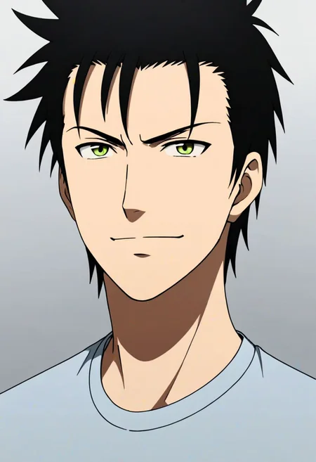 Highres, Masterpiece, High Quality, 4K, 8K, solo, 1Boy, Soujirou Agata, borown eyes, black hair, Shirt, passport_photo_style, looking at viewer, angry, smile, focused gaze forward, plain background, straight body, head upright, easynegative, detailed_eye_model