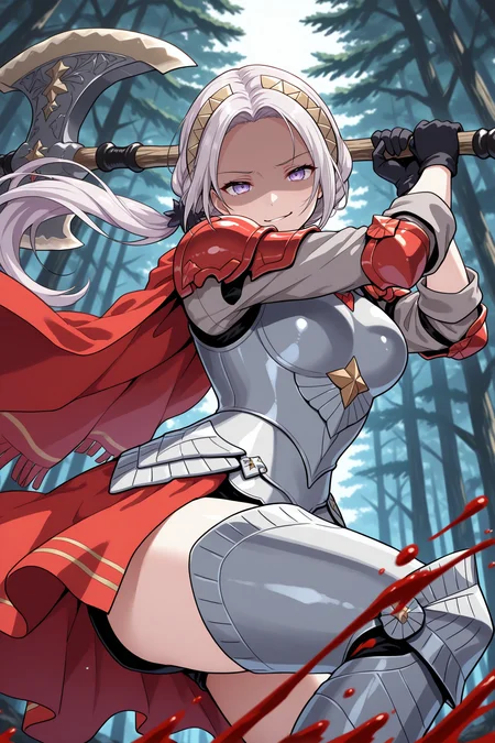 masterpiece, best quality, 1girl, solo, <lora:feedelgard-illu-nvwls-v1-000006:1> 3hedel, crown braid, low ponytail, sidelocks, purple eyes, gold hairband, red pauldrons, red cape, grey armor, black gloves, red waist cape, armored legwear, looking at viewer, holding giant axe, two handed weapon, swinging axe, dynamic pose, smirk, blood, alpine forest, from below, jumping, incoming attack, shaded face, grey sleeves