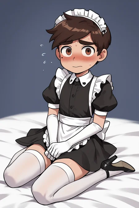 score 6 up,score 7 up, score 8 up,score 9,blush,short sleeves,looking at viewer,  <lora:marco_diaz:0.7>,marco diaz,brown hair,mole under left eye,short hair,solo,thick eyebrows,<lora:Lucyla_Art_Style:0.4>,male focus,maid headdress,maid uniform,,embarrassed,black heels,white elbow gloves, white stockings