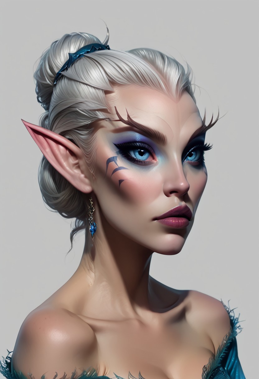 score_9, score_8_up, score_7_up, rating_safe, concept art, semi-realistic, 1girl, solo.
Elf, Elf face, Elf eyes, Young beautiful face, fit body, Blue eyes, Makeup.
(Big breast), (Round breast).