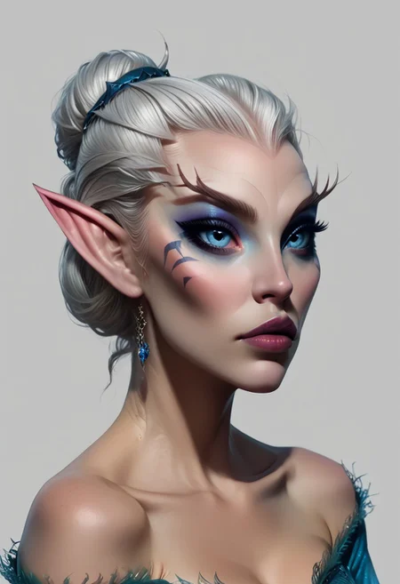 score_9, score_8_up, score_7_up, rating_safe, concept art, semi-realistic, 1girl, solo.
Elf, Elf face, Elf eyes, Young beautiful face, fit body, Blue eyes, Makeup.
(Big breast), (Round breast).