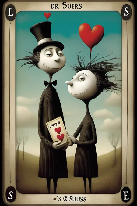 <lora:Dixit Card Generator:1>Dixit Card Generator - the lovers tarot card by Doug Hyde and Dr. Seuss