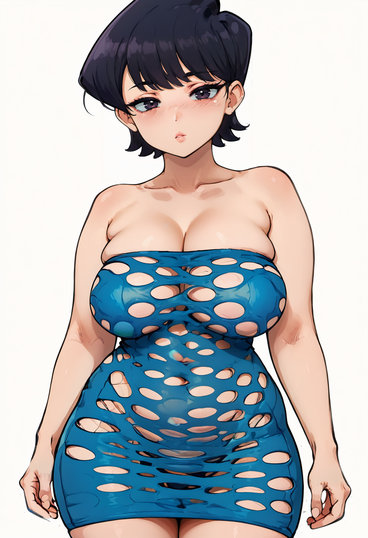 score_9, score_8_up, score_7_up,
 <lora:ElQuijote_Style_SK:0.9> ElQuijote_Style_SK,
1girl, solo,
standing,
looking at viewer, half-closed eyes, blush,
komi shuuko, black hair, short hair, plump, huge breasts, 
Strapless_Pothole_Tube_Dress_SKNSFW, blue dress, skindentation, 
white background, simple background, 
 <lora:Strapless_Pothole_Tube_Dress_SKNSFW_epoch_4:1.0>