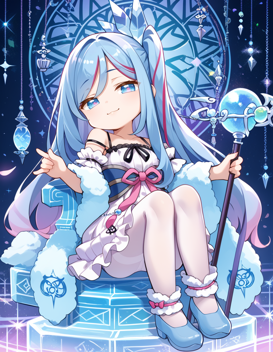 (score_9:0.9),score_8_up,score_7_up,rating_safe,anime style,(zPDXL),(zPDXL3),
<lora:Witchcrafter Madame Verre ponyXL v1:0.72>,witchcrafter madame verre,1girl,solo,chibi,staff,looking at viewer,:3,blue shoes,sitting,smile,fur trim boa,smug,full body,crystal lamp,white sleeveless dress,closed mouth,white pantyhose,white detached sleeves,crystal hair ornament,one side up,crystal furniture,white ankle cuffs,magic circle,